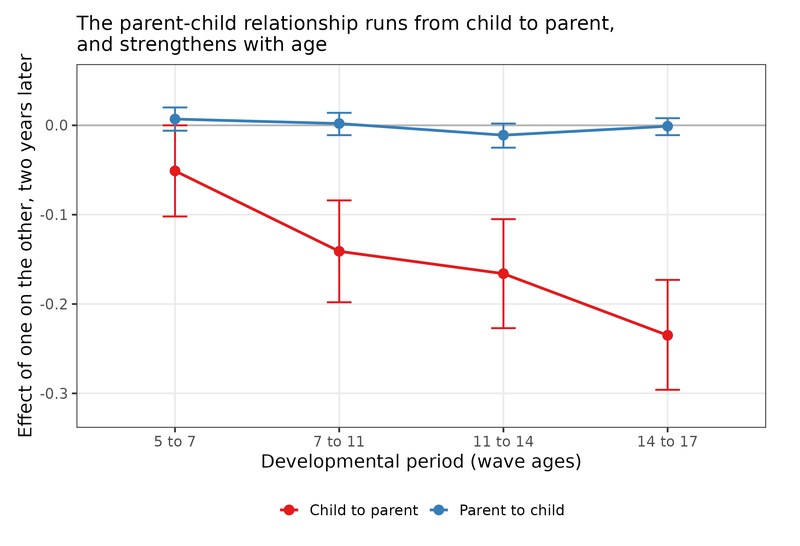 The child-to-parent effect grows with age while the parent-to-child effect stays at zero.